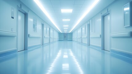 Modern hospital hallway with minimalist design, illuminated by sterile white light, clean lines, and smooth surfaces for a clinical, futuristic atmosphere