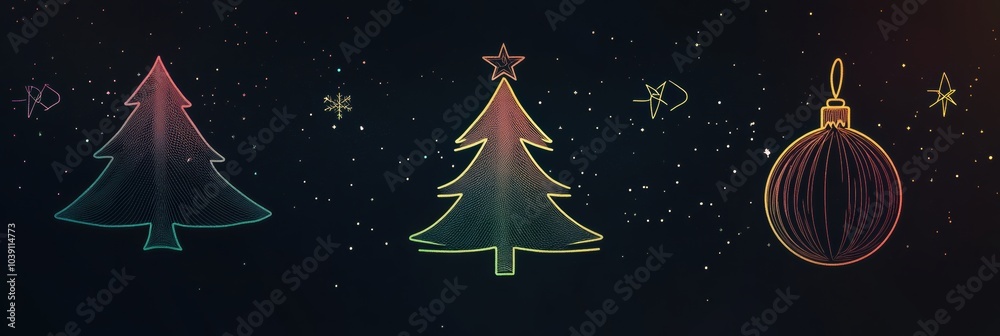 Poster Elegant glowing outlines of Christmas trees and ornaments create a minimalist design that captures the festive spirit in a dark setting. Generative AI