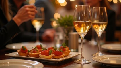 Social Dinner with Wine and Appetizers in a Cozy Setting, Perfect for Holiday Gatherings and Restaurant Promotions

