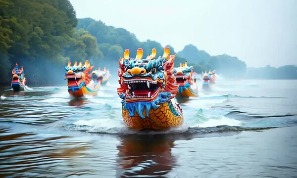 A colorful dragon boat gliding through water during a festival.