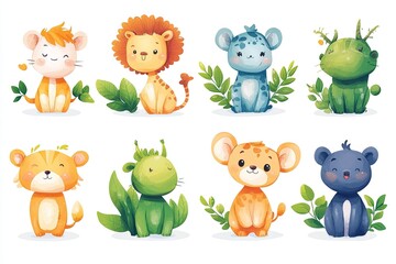 Fototapeta premium Cute cartoon animals with leaves. Perfect for children's books, cards, and invitations.