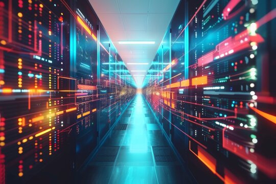 Modern digital graph holograms flying over mainframes of server room in data center