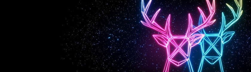 Two neon deer silhouettes against a dark background, colorful and vibrant design.