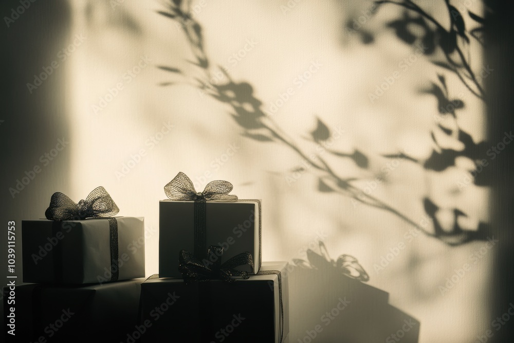 Poster decorative gift boxes adorned with bows create charming silhouettes on a softly lit background, idea