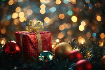 Christmas gift and baubles over shiny lights background, copy space background - generative ai