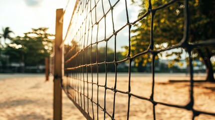 Fototapeta premium A volleyball net with netting details, outdoor setting with beach ambiance, Vibrant style