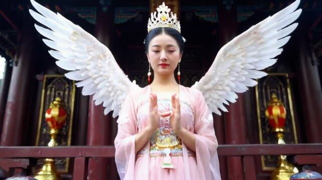 An Asian angel with a delicate crown, her wings radiating light as she hovers over a temple filled with incense and divine symbols