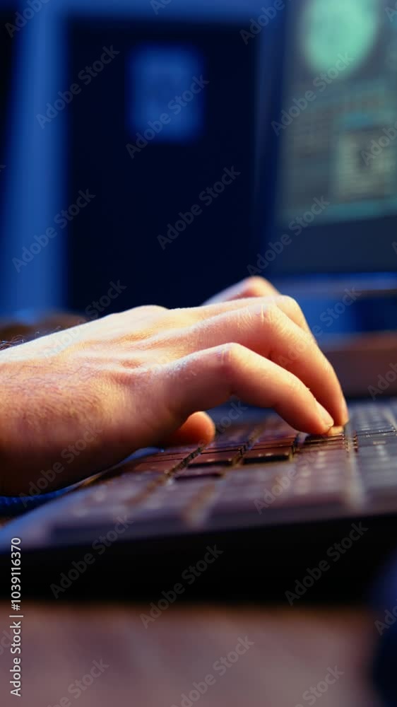 Poster vertical video hacker in secret underground shelter typing on keyboard, writing lines of code on com