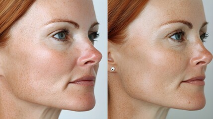 Obraz premium Side-by-side before-and-after of non-surgical anti-aging techniques versus facelift, demonstrating moderate improvements with fillers and lasers, and significant facelift results