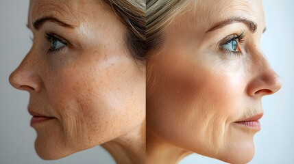 Obraz premium Before-and-after photo of a woman in the same outfit, emphasizing the visible changes in her figure post-weight loss, from tight-fitting to a more comfortable, flattering fit