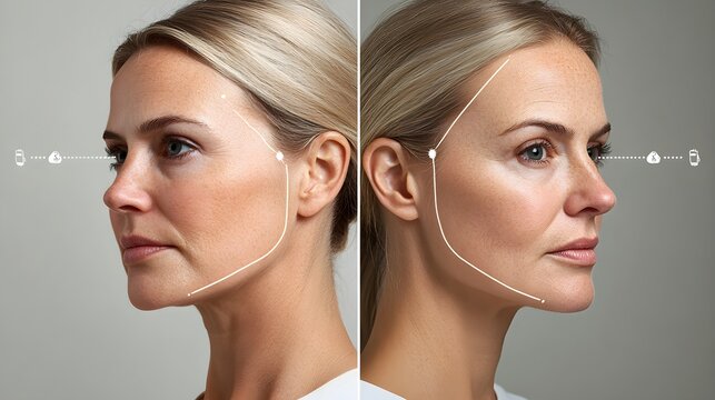 An infographic explaining the effects of facelifts on aging signs, showing reduced sagging and smoother skin with side-by-side before-and-after face visuals