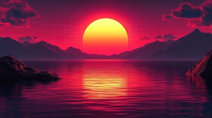 Naklejka premium Sunset Over Mountains and Water