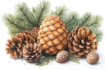 A collection of pine cones and pine needles on a white background. Perfect for winter or nature-themed projects, this image evokes feelings of peace and tranquility.