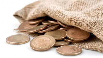 Money coins in bag isolated on white