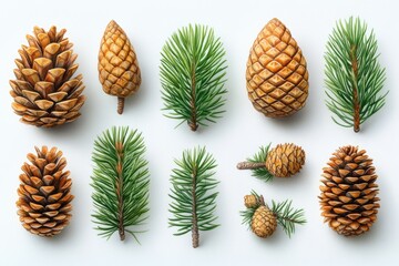 Fototapeta premium Pine cones and branches isolated. Use for Christmas and nature themes.