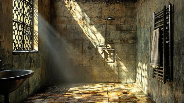 Sunlight streams through a window in a rustic bathroom, illuminating the shower head and a towel hanging on the wall