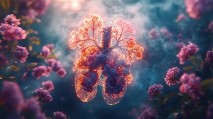 Naklejka premium Lungs illuminated amidst vibrant flowers, symbolizing life and health.