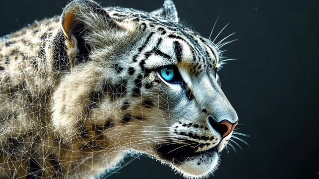 A snow leopard with bright blue eyes gazes intensely at the camera, its white and black fur covered in a intricate geometric pattern