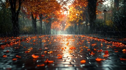 A serene autumn path covered in vibrant leaves and gentle rain.