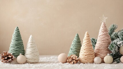 Handmade craft Christmas trees with decorations, sustainable living lifestyle