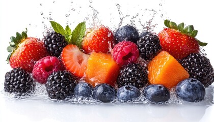 Fresh berries and fruit in water splash. A perfect image to use for advertisements, websites, or social media related to healthy food or drinks.