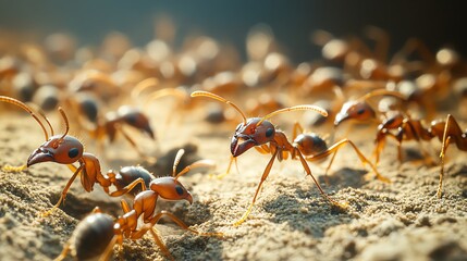 Close-up view of ants working on sandy ground.