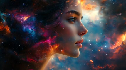 Cosmic portrait of a woman in a colorful galaxy backdrop