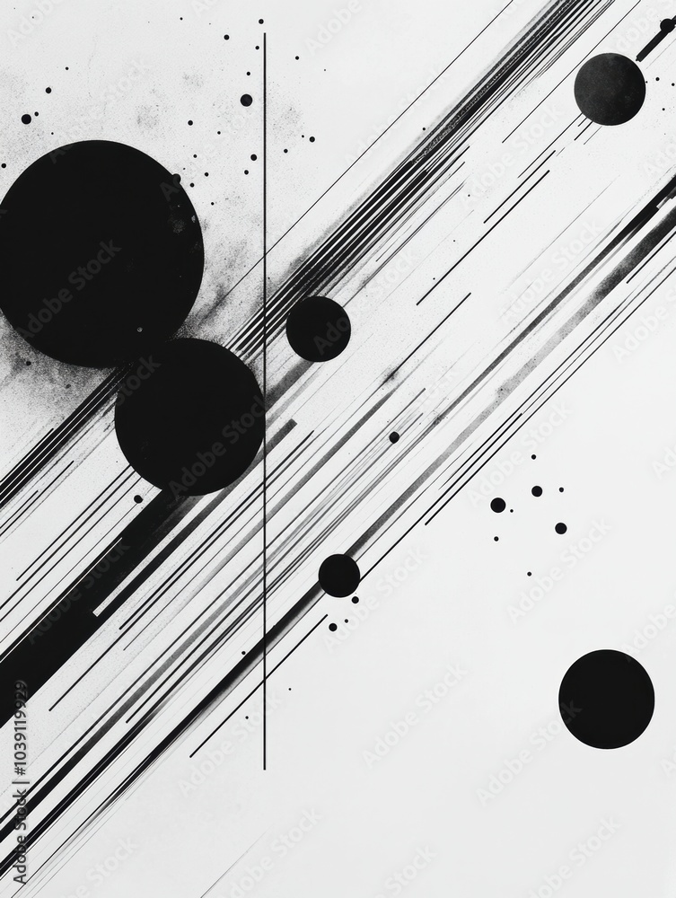 Wall mural Black diagonal lines cross a light surface, accompanied by circles of different sizes, creating a dynamic abstract design that suggests movement. Generative AI