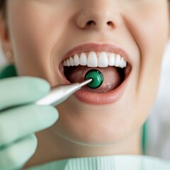 Fototapeta premium Woman at dental checkup, smiling while dentist examines teeth with dental tool.