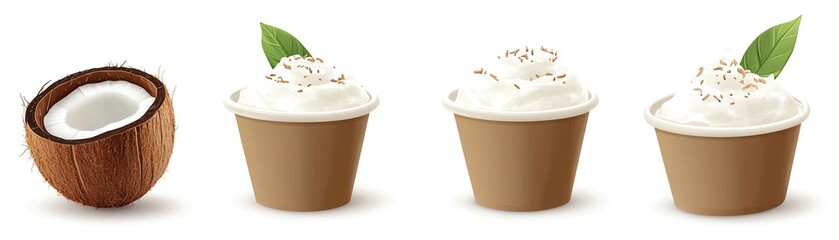 Coconut shell and cups with creamy dessert topped with mint leaves on white. Isolated on white background.