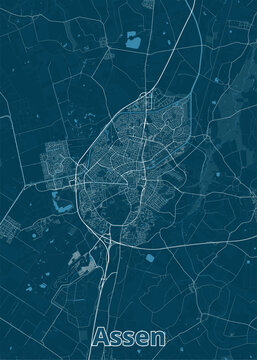 Map of Assen, a city in the Netherlands. The map is rendered in a minimalist style, using a deep blue background with white lines representing roads and waterways.