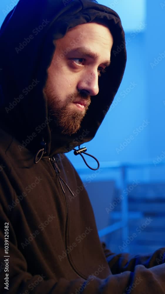 Poster vertical video close up of hacker in graffiti hideout focused on developing spyware software, using 