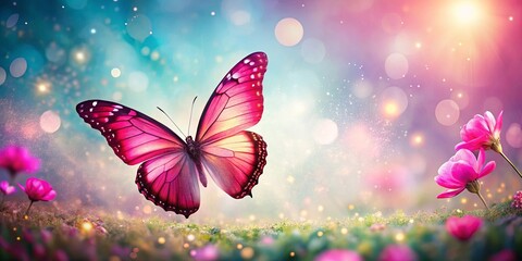 A Vibrant Butterfly Soaring Above a Field of Delicate Blooms, Bathed in a Soft, Pastel Glow