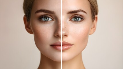 Before-and-after skincare post, showing the skin around a woman's mouth with visible lines and wrinkles, and after, smooth, rejuvenated skin with anti-aging products