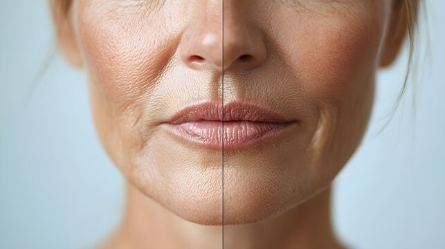 Detailed comparison of a woman's facial lines around her mouth, showing wrinkle reduction post-Botox, clear skin texture, High-Resolution, Realistic Style