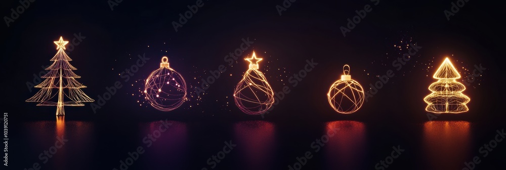 Poster glowing lines form minimalist silhouettes of christmas trees and ornaments, adding a warm festive to