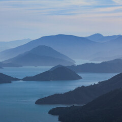Bay and hills in the Marlborough Sounds, New Zealand.