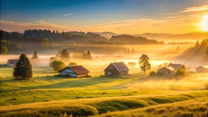 Fototapeta premium Golden Light Illuminates a Misty Valley, Where Houses Nestled Among Rolling Hills and Verdant Meadows, Bask in the Warmth of the Rising Sun