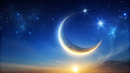 Naklejka premium Celestial Embrace A crescent moon shines brightly against a backdrop of twinkling stars and a distant, setting sun, casting an ethereal glow over the heavens.