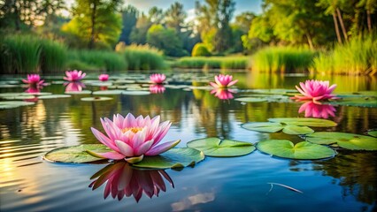 A single pink water lily blooms in a tranquil pond surrounded by lush greenery, its reflection creating a captivating mirror image on the water's surface.