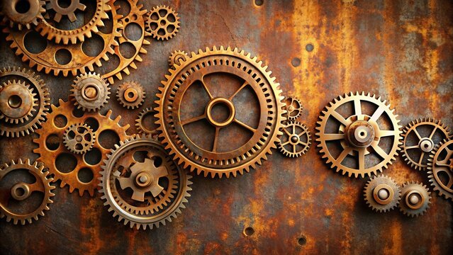 A collection of intricately designed brass cogs, arranged in a mesmerizing pattern, against a backdrop of weathered, oxidized metal.
