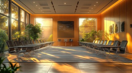 Modern conference room bathed in warm sunlight and greenery.