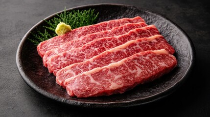 Fototapeta premium Authentic Japanese Wagyu beef served on a traditional platter