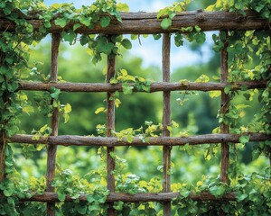 A wooden trellis with vines growing on it. Perfect for garden, nature, and spring themes.