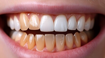 Detailed timeline photo comparison, teeth becoming visibly whiter after a week of whitening strips, Realistic, High Detail, Clean Lighting