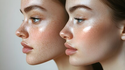 Close-up of cheek before and after melasma treatment, emphasizing reduced pigmentation and smoother skin, Photorealistic, Soft Natural Lighting