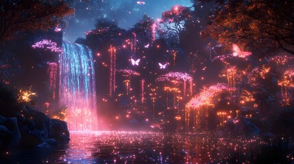 Enchanted fairies flying around a radiant waterfall, the surrounding trees illuminated by bioluminescent plants and magical sparkles reflecting off the water