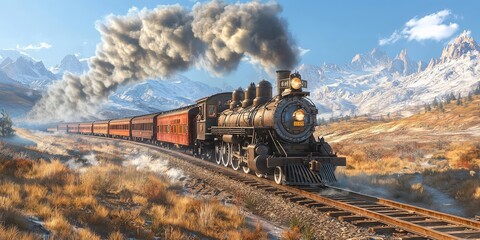 A stunning view of a steam locomotive on the Transcontinental Railroad, smoke filling the clear sky, vibrant colors reflecting the energy and transformation of the industrial revolution.