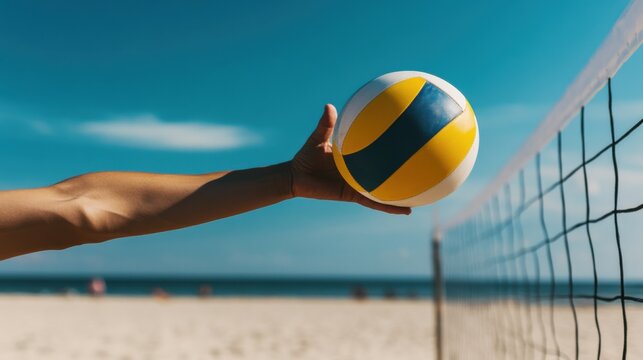 A volleyball player's hand spiking the ball, beach background, Relaxed style