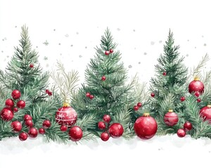 Watercolor Christmas tree branches. This image features a winter wonderland scene with pine branches, ornaments, and falling snow.